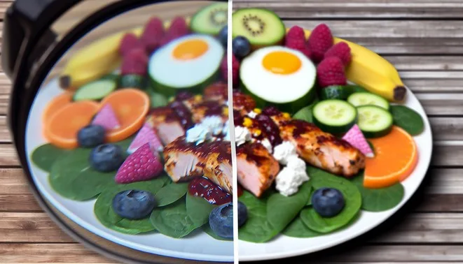 alt_text: A split image illustrating Intermittent Fasting with meal timings and OMAD's vibrant single meal.