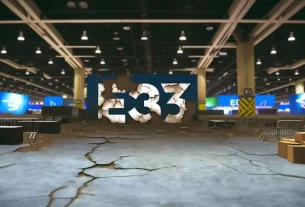 alt_text: A dilapidated convention hall with empty booths and a cracked E3 logo, symbolizing E3's decline.