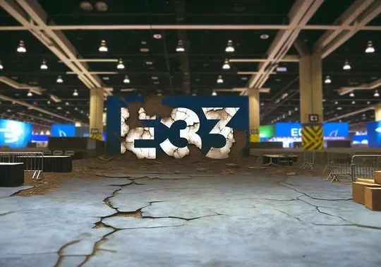 alt_text: A dilapidated convention hall with empty booths and a cracked E3 logo, symbolizing E3's decline.