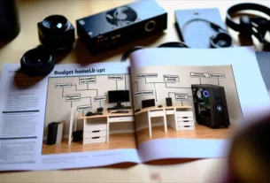 alt_text: A clean workspace showcasing budget hardware, labeled for affordability, with a DIY guide visible.