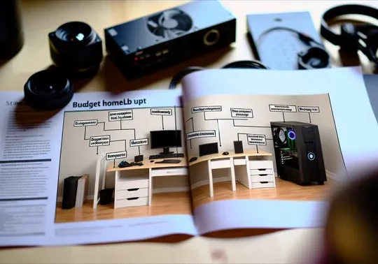 alt_text: A clean workspace showcasing budget hardware, labeled for affordability, with a DIY guide visible.