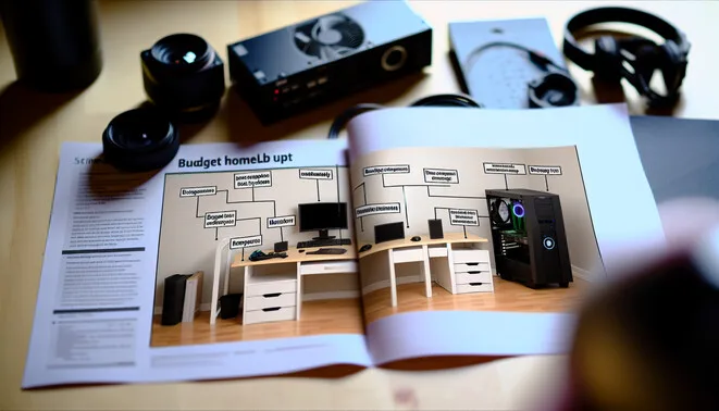 alt_text: A clean workspace showcasing budget hardware, labeled for affordability, with a DIY guide visible.