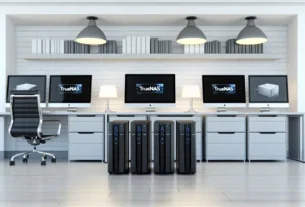 alt_text: A sleek NAS setup in a modern office, showcasing TrueNAS features on multiple monitors.