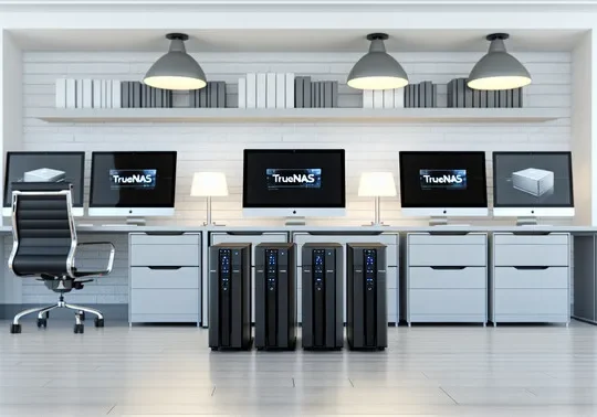 alt_text: A sleek NAS setup in a modern office, showcasing TrueNAS features on multiple monitors.