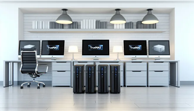 alt_text: A sleek NAS setup in a modern office, showcasing TrueNAS features on multiple monitors.