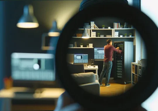 alt_text: Cozy home office with a user setting up a VMware ESXi server, multiple monitors, and tech gadgets.