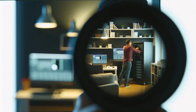 alt_text: Cozy home office with a user setting up a VMware ESXi server, multiple monitors, and tech gadgets.