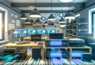 alt_text: A modern home office with network hardware, showcasing high availability in a professional setting.