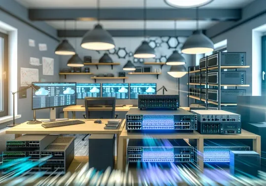 alt_text: A modern home office with network hardware, showcasing high availability in a professional setting.