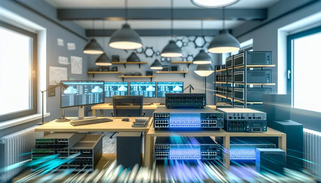 alt_text: A modern home office with network hardware, showcasing high availability in a professional setting.