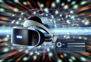 alt_text: A sleek VR headset in a dynamic, data-rich network setting, showcasing latency benchmarking.