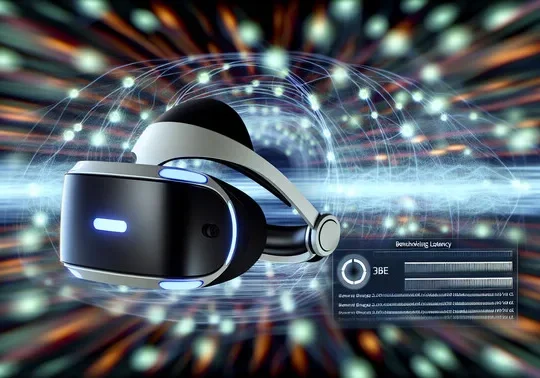 alt_text: A sleek VR headset in a dynamic, data-rich network setting, showcasing latency benchmarking.