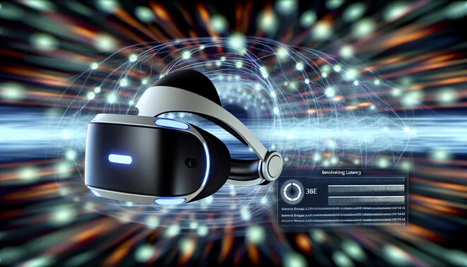 alt_text: A sleek VR headset in a dynamic, data-rich network setting, showcasing latency benchmarking.