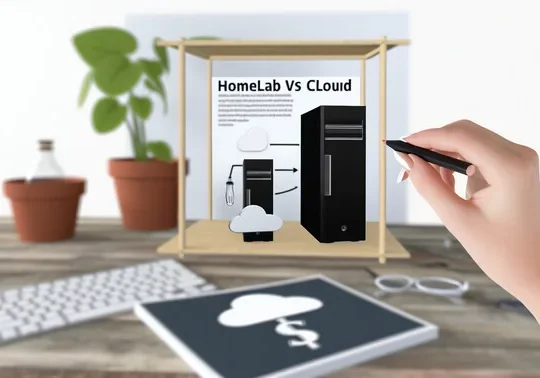 alt_text: A comparative cost analysis of Homelab and Cloud Computing, featuring DIY servers and cloud icons.