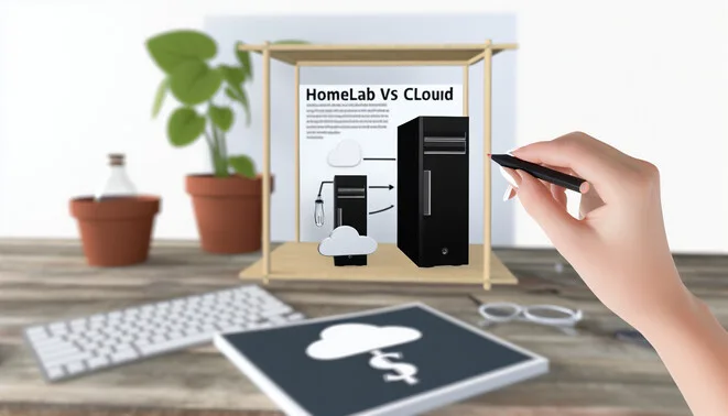 alt_text: A comparative cost analysis of Homelab and Cloud Computing, featuring DIY servers and cloud icons.