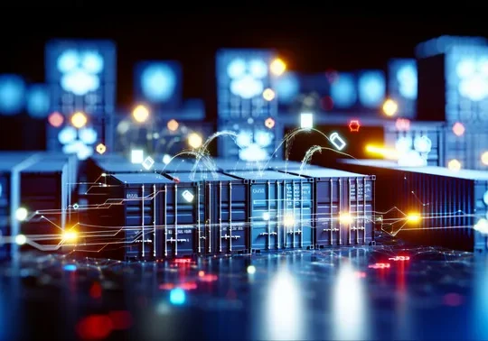 alt_text: "Modern cover image for 'Docker Container Management' featuring stylized containers and digital elements."