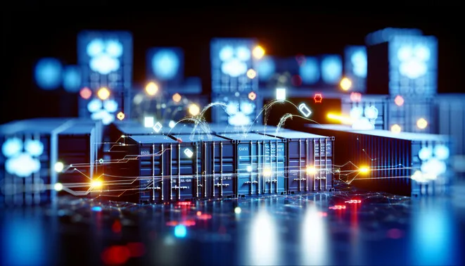 alt_text: "Modern cover image for 'Docker Container Management' featuring stylized containers and digital elements."