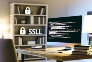 alt_text: A modern home office with a computer displaying SSL code, tech books, and soft lighting.