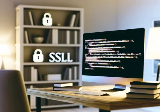 alt_text: A modern home office with a computer displaying SSL code, tech books, and soft lighting.