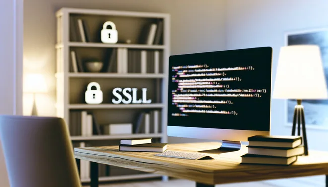 alt_text: A modern home office with a computer displaying SSL code, tech books, and soft lighting.