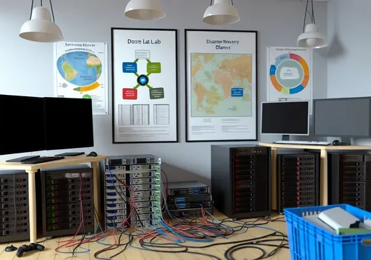 alt_text: A cozy homelab with tech gear, recovery plans, and system charts, emphasizing disaster preparedness.