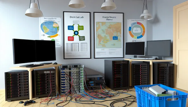 alt_text: A cozy homelab with tech gear, recovery plans, and system charts, emphasizing disaster preparedness.