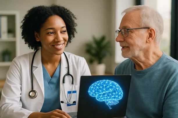 alt_text: A diverse Physician Assistant compassionately engages with a patient, highlighting human-AI collaboration.